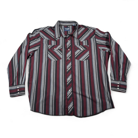 Wrangler Western Shirt Adult 2XL XXL Black Red Silver Striped Pearl Snap Cowboy - Picture 1 of 7